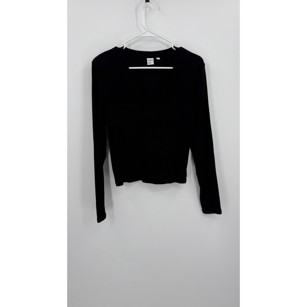 TNA Aritzia Womens V-Neck Ribbed Long Sleeve Top Black Size Large